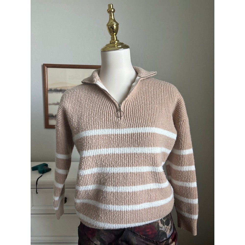 Half Zip Sweater Womens Tan White Excellent Ribbed Striped Pullover
